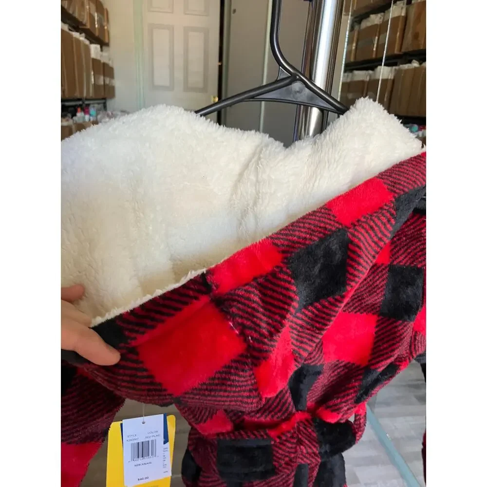 Fleece Long Sleeve Knee Length Robe, Color: Red Plaid Size XS(4/5)